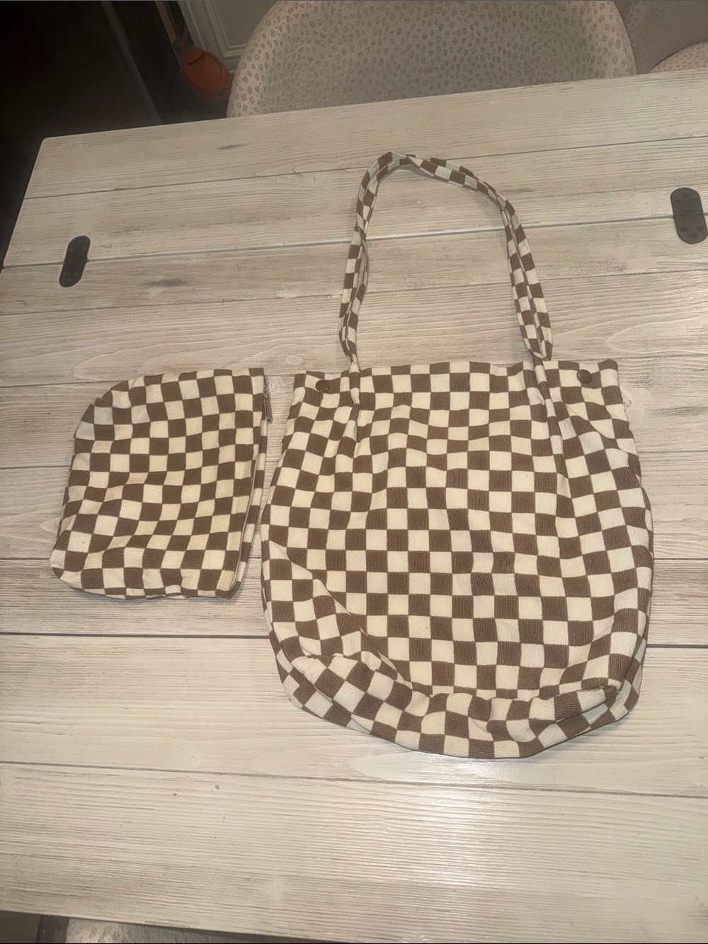Brown & Cream Checkerboard Tote Bag with Pouch
